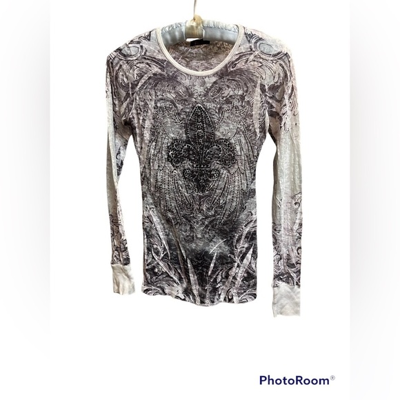 PARTY Sheer Women’s Fleur De Lis Rhinestone Burnout Long Sleeve Top Goth Concert - Picture 5 of 17